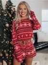 Women Christmas Pajama Sets Long Sleeve Crop Top Shorts 2Pcs