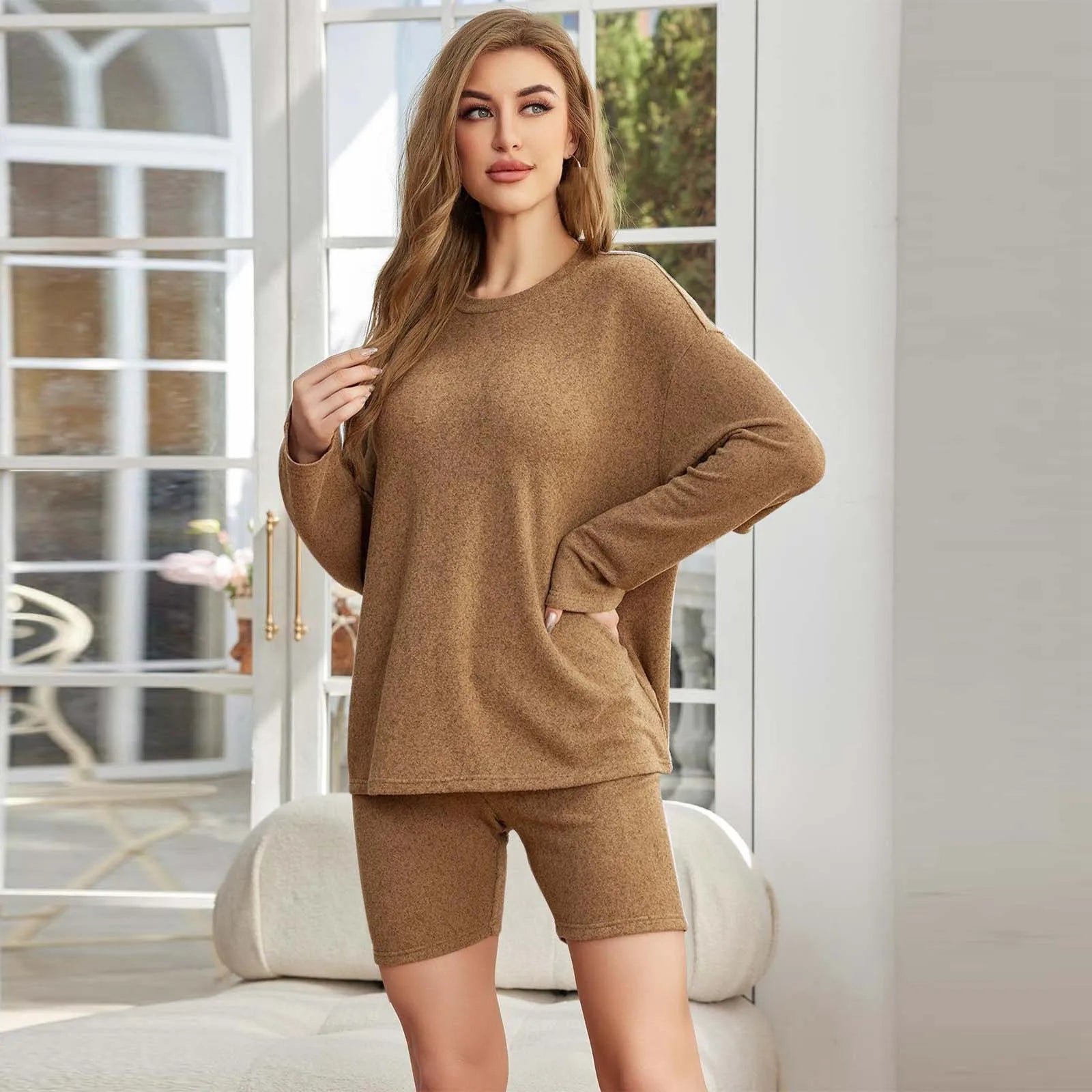 Women Solid Shorts Suit New Home Pajama Set Autumn Winter Casual Warm Sleepwear Long-Sleeved Baggy Top And Shorts 2-Piece Sets - Image 3