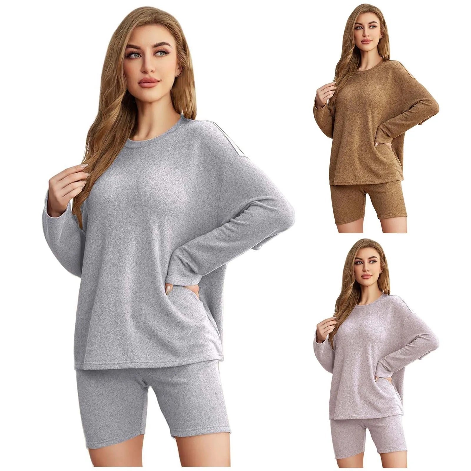 Women Solid Shorts Suit New Home Pajama Set Autumn Winter Casual Warm Sleepwear Long-Sleeved Baggy Top And Shorts 2-Piece Sets - Image 4