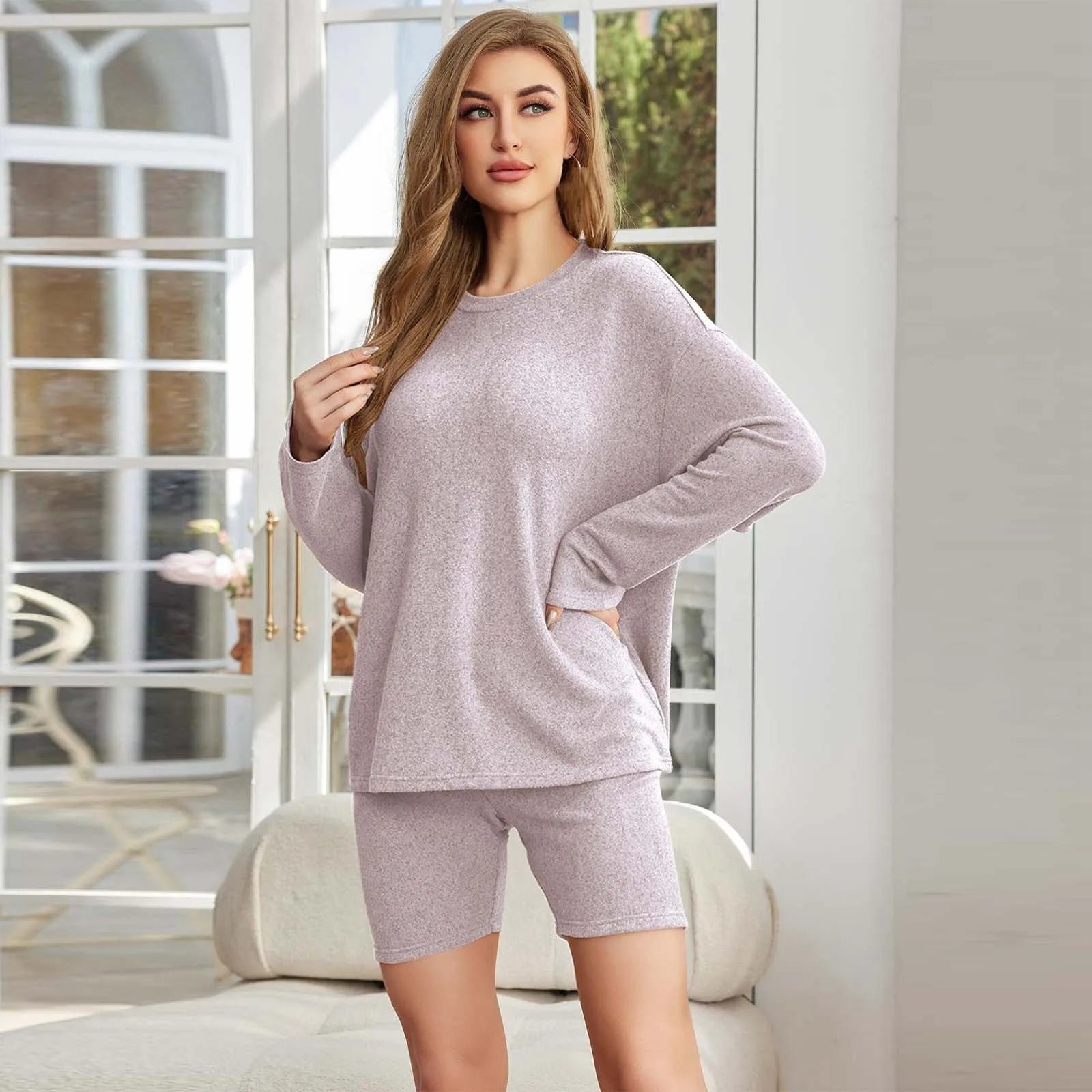 Women Solid Shorts Suit New Home Pajama Set Autumn Winter Casual Warm Sleepwear Long-Sleeved Baggy Top And Shorts 2-Piece Sets