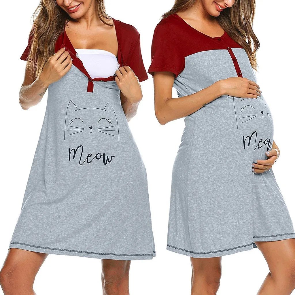 Women Maternity Dresses Short Sleeve Cute Print Pajamas Maternity Short Sleeve Cute Print Nursing Nightdress Breastfeeding Dress - Image 8